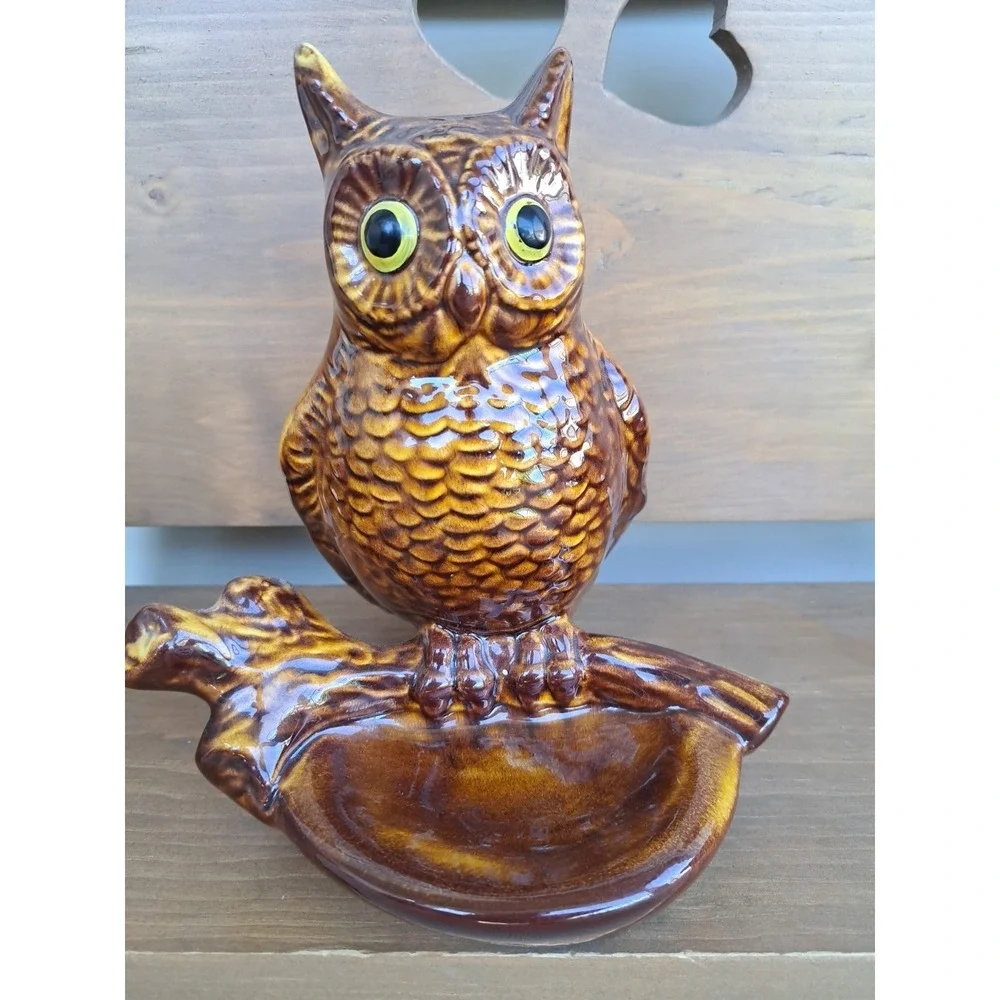 VTV California Pottery Glaze‎ Ceramic Owl Coin Tray Brown Collectable Decorative